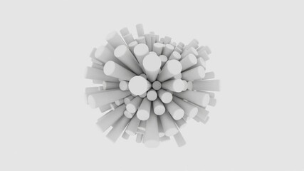 Poster - A cluster of white retractable cylinders, grouped at a single point, rotate counterclockwise on a white background. Seamless loop.