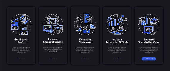 Importance of expansion dark onboarding mobile app page screen. Walkthrough 5 steps graphic instructions with concepts. UI, UX, GUI vector template with linear night mode mode illustrations