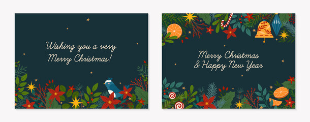 Wall Mural - Christmas and Happy New Year decorative greeting banners.Festive vector layouts with hand drawn traditional winter holiday symbols.Xmas trendy designs for banners,invitations,prints,social media