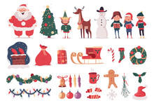 Christmas Elements With Santa Claus, Carols Choir, Reindeer, Tree, Cracker, Elf, Sleigh, Garland And Others Vector Cartoon Set Isolated On A White Background.