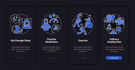 Improving mental health onboarding mobile app page screen. Proper exercises walkthrough 4 steps graphic instructions with concepts. UI, UX, GUI vector template with linear night mode illustrations