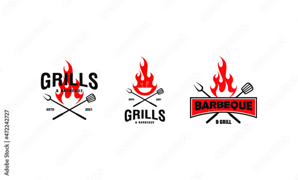 Set of Vintage Grill Barbeque with fire flame Collection Stock Vector ...