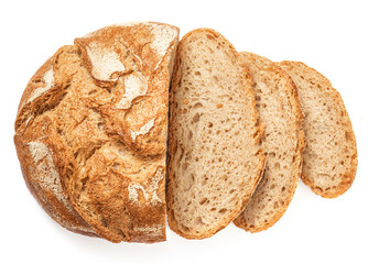 Freshly baked round  Bread isolated on white background.  Sliced, cutted wheat bread. Bakery, rustic  traditional food concept. Top view.