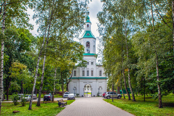 Entrance multi-tiered bell tower in the Baroque style with gates. Bogoroditsky palace and park ensemble. Bogoroditsk. Tula region. Russia