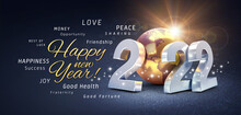 Happy New Year greetings, best wishes and 2022 date number, composed with a gold colored planet earth, on a festive black background, with glitters and stars - 3D illustration