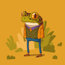 Cartoon Vector Illustration Of Humanized Frog. Anthropomorphic Frog. Trendy Animal Character With Human Body. A Frog Wearing An Elegant Costume And Retro Shoes Standing Still Among The Bushes