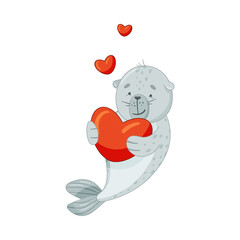 Wall Mural - Cute baby seal holding ewd heart. Funny adorable arctic animal character cartoon vector illustration