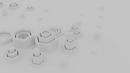 Poster - Abstract 3D background with hexagon field in action, seamless loop. Design. Black and white technological extruding hexagons of different size.