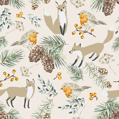 Wall Mural - christmas seamless pattern, robin birds, fox animal, berries, fir twigs, cedar cones, beige backgrou