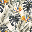 Tropical strelitzia flowers, monstera, banana palm leaves, light background. Vector seamless pattern. Jungle foliage illustration. Exotic plants. Summer beach floral design. Paradise nature