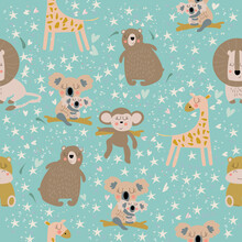 Safari Animals Seamless Pattern With Cute Hippo, Crocodile, Lion, Elephant And Giraffe. Vector Texture In Childish Style Great For Fabric And Textile, Wallpapers, Backgrounds, Cards Design