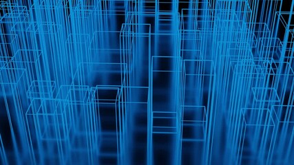 Aufkleber - Abstract pattern of neon stripes growing and forming pillars on a black background. Design. Futuristic geometric animation with rectangular shaped silhouettes.