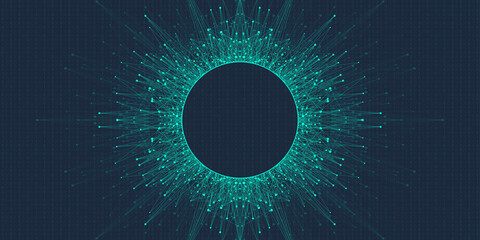 Poster - Quantum computer technology banner design template concept, gravitational wave. Deep learning artificial intelligence. Big data algorithms visualization for business, science, technology illustration.