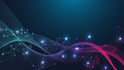 Digits abstract background with connected line and dots, wave flow illustration. Digital neural networks. Network and connection background for your presentation