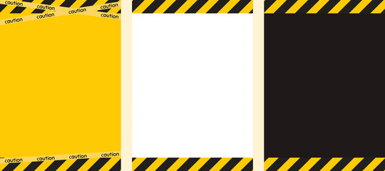 Set of caution safety banners. Black yellow white striped vertical poster. Caution safety template. Stripe yellow black tape. Hazard warning Yellow black diagonal stripes, lines. Graphic illustration.