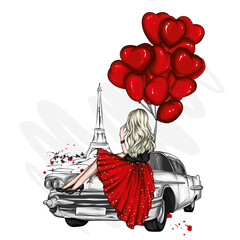 A beautiful girl in stylish clothes, balloons in the shape of hearts and a retro car. Valentine's Day. Fashion & Style.