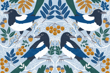 Seamless pattern with magpies in winter floral