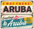 Greetings from Aruba, retro souvenirs signs set. Aruba card designs with tropical theme. Travel and vacation vintage vector signs.
