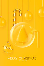 Merry Christmas And Happy New Year Background. Yellow 3D Christmas Tree With Star In Transparent Glass Christmas Ball. Christmas Decoration On Yellow Background. Greeting Card Design. 