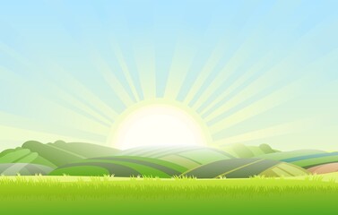 Wall Mural - Spring juicy meadow. Rural landscape with grass and orchard farmer hills. Cute funny cartoon design. Flat style. Bright sunlight. Vector.