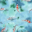 Asian style watercolor seamless pattern with koi carps. Hand painted print for interior design, textile, fabric, wrapping paper, clothes, tablecloth, napkin. Traditional Japanese illustration  