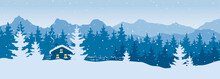 House In The Mountains. Abstract Landscape With Mountains And Forest. Narrow Vector Illustrations, Christmas Wallpaper.	