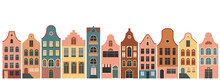 Netherlands Houses, Amsterdam Traditional Colorful Homes, Architecture Illustrations