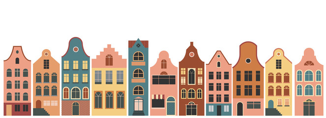 Netherlands Houses, Amsterdam traditional colorful homes, architecture illustrations