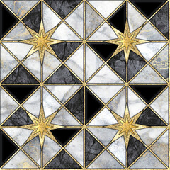 Wall Mural - abstract geometric background with modern marble mosaic inlay, art deco pattern with black white triangles and golden stars, artistic artificial stone, marbled tile surface, marbling illustration