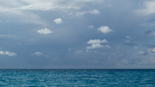Epic Dark Sea With Blue Cloudscape On Beach, Island In Greece. Summer Scenery Of Ionian Sea