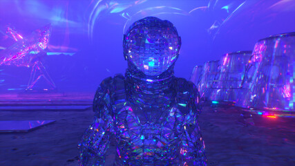 Wall Mural - cosmos concept. a diamond astronaut walks across mars against the backdrop of a space base. blue col