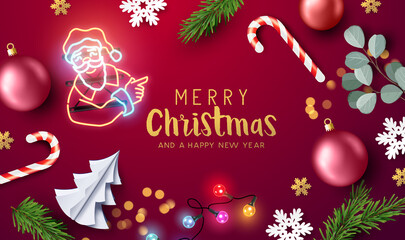 Wall Mural - Merry Christmas decorations background layout for events with Xmas decorations and lights. Vector illustration.
