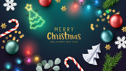 Wall Mural - Happy Christmas decorations background for events and celebrations. Vector illustration.