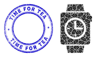 Poster - Vector clock watches icon mosaic is formed with repeating recursive clock watches icons. Time for Tea unclean blue round stamp seal. Recursive combination from clock watches icon.