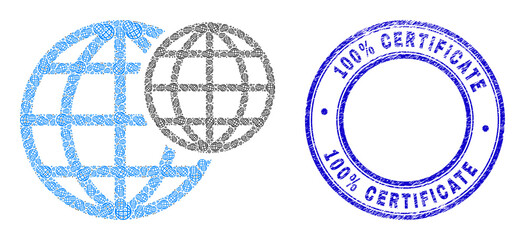 Wall Mural - Vector space globes icon composition is made with randomized recursive space globes parts. 100% Certificate corroded blue round stamp seal. Recursion combination for space globes icon.