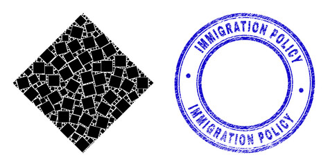 Wall Mural - Vector rhombus icon mosaic is designed from randomized self rhombus pictograms. Immigration Policy textured blue round seal imitation. Fractal mosaic from rhombus icon.