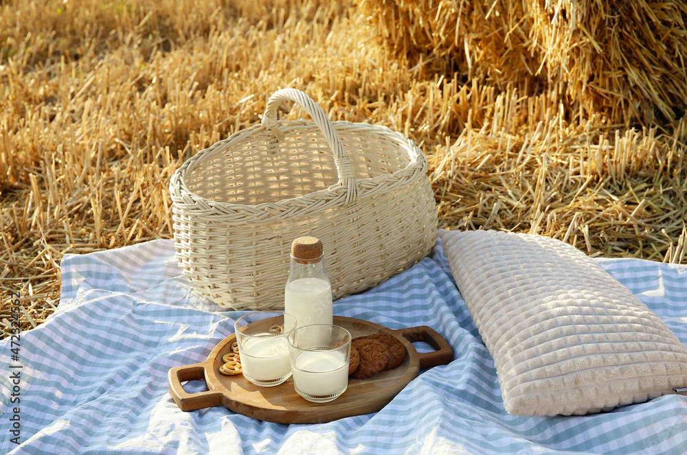 Natural snack in harvested field. Picnic with milk and cookies