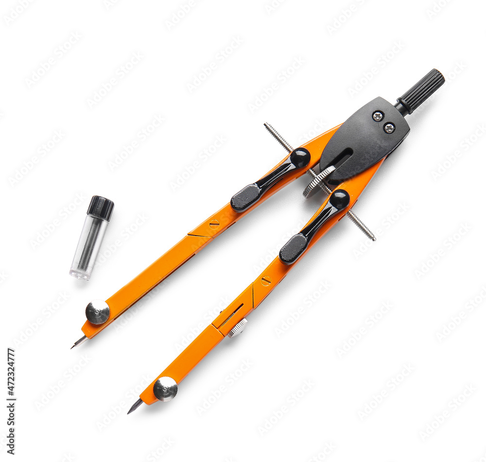 Orange pair of compasses on white background