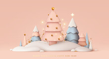 Christmas Trees In Snow Drifts Festive Realistic 3d New Year Composition. Soft Pastel Color Blue And Pink White. Xmas Minimal Abstract Background. Vector Illustration