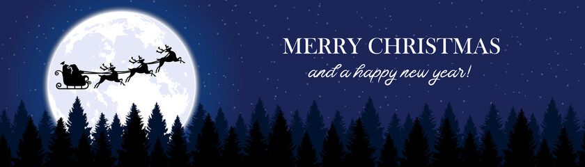 Wall Mural - merry christmas and happy new year card. christmas sleigh on moon night forest background silhouette