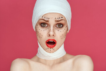 Poster - a person posing in blue gloves red lips surgery facial rejuvenation close-up