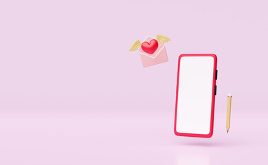 Wall Mural - mobile phone,smartphone with wings,flying envelope isolated on pink background.notify newsletter,online incoming email,health love or world heart day,valentine's day concept,3d illustration,3d render