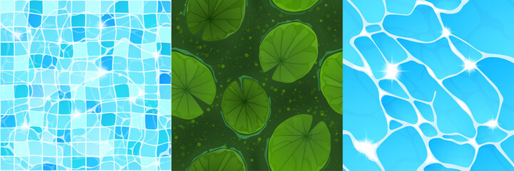 Textures of water in swimming pool, sea and pond with lily leaves. Vector cartoon seamless patterns of top view of ocean, lake and swamp surface for game background