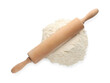 Wooden rolling pin and flour on white background, top view
