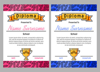 Wall Mural - Children's certificate blue and pink for a boy and a girl on a background of colored pencils, with a winner's cup. Template for diploma, announcement, certificate of honor, award. Vector illustration