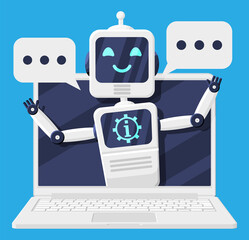 Poster - Laptop with Chat Bot Speak in Bubble on Screen.