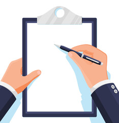 Poster - Clipboard with Empty Paper Sheet and Pen in Hand