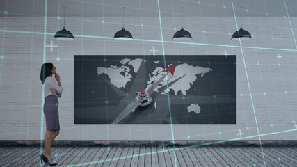 Poster - Animation of data processing over businesswoman using interactive screen