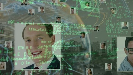 Poster - Animation of data processing over photos of business people and globe
