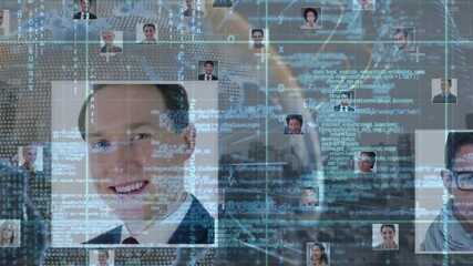 Poster - Animation of data processing over globe and network of photos of businessmen and businesswomen